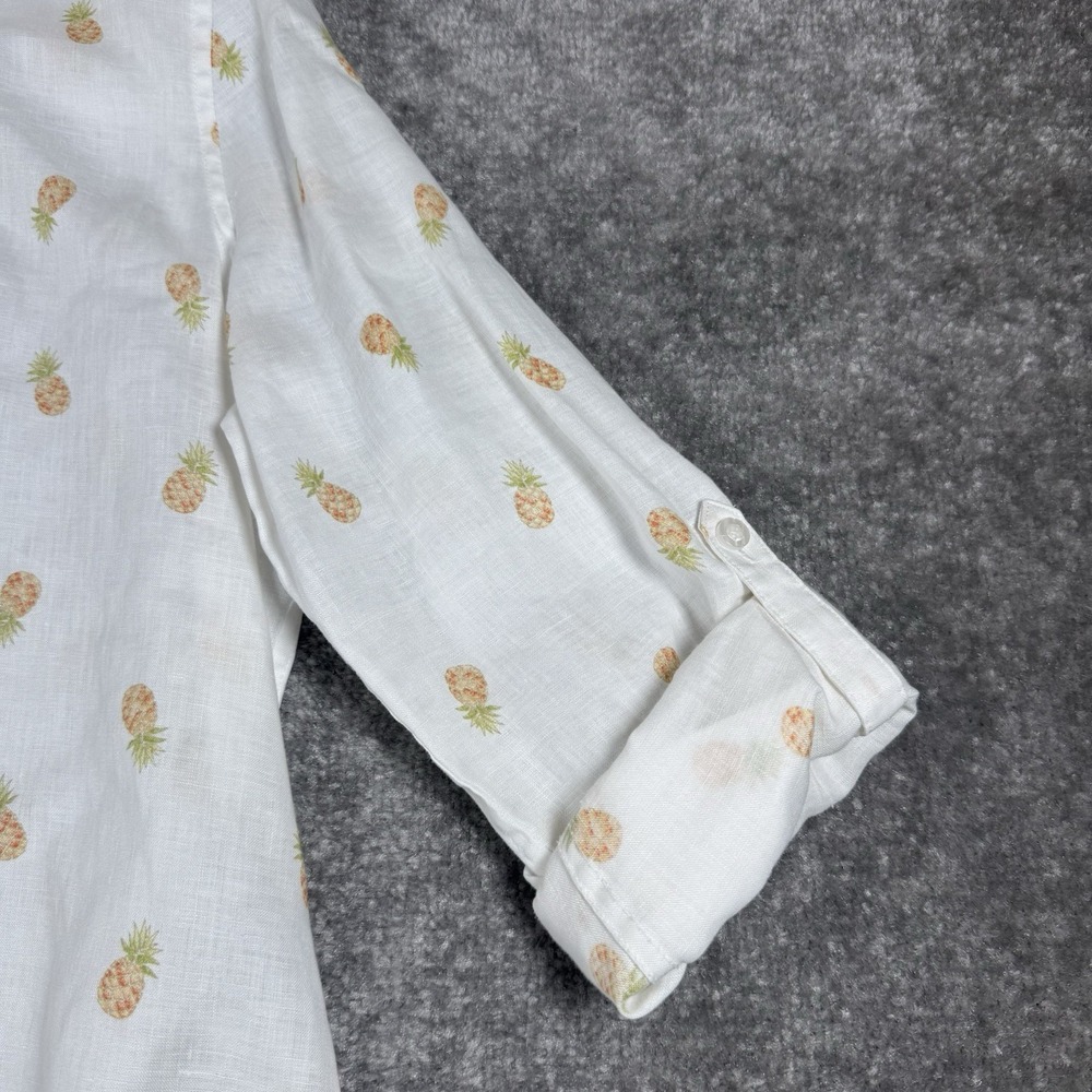 Chicos Top Women's 2 12/14 White Linen Pineapple Print Long Sleeve Roll Tab - Picture 4 of 8